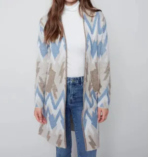 Long Jacquard Knit Cardigan In Denim