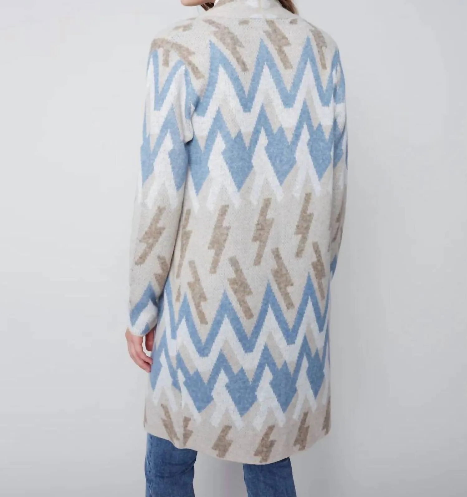 Long Jacquard Knit Cardigan In Denim