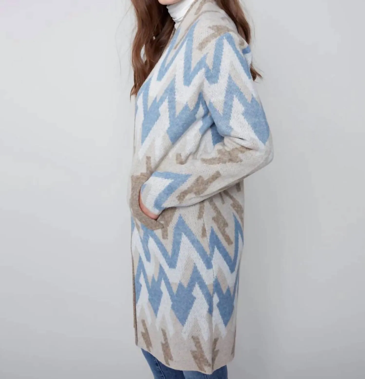 Long Jacquard Knit Cardigan In Denim