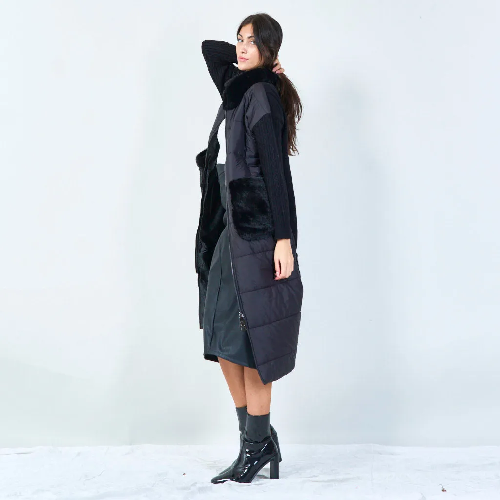 Long padded coat with fur trim wholesale