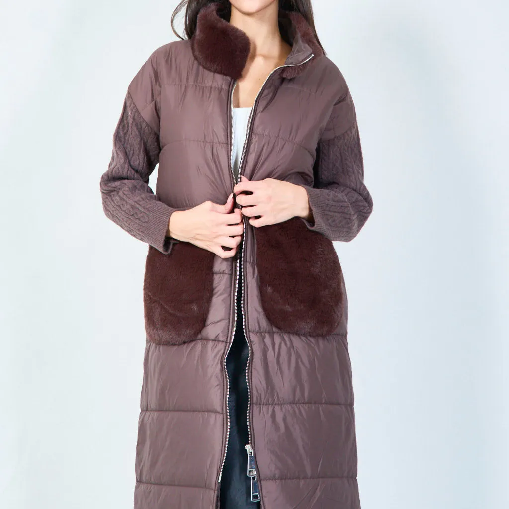 Long padded coat with fur trim wholesale