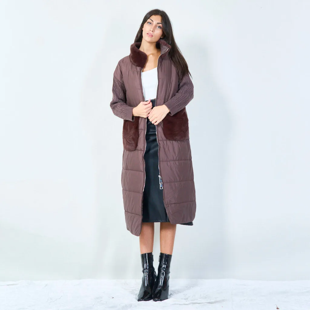 Long padded coat with fur trim wholesale