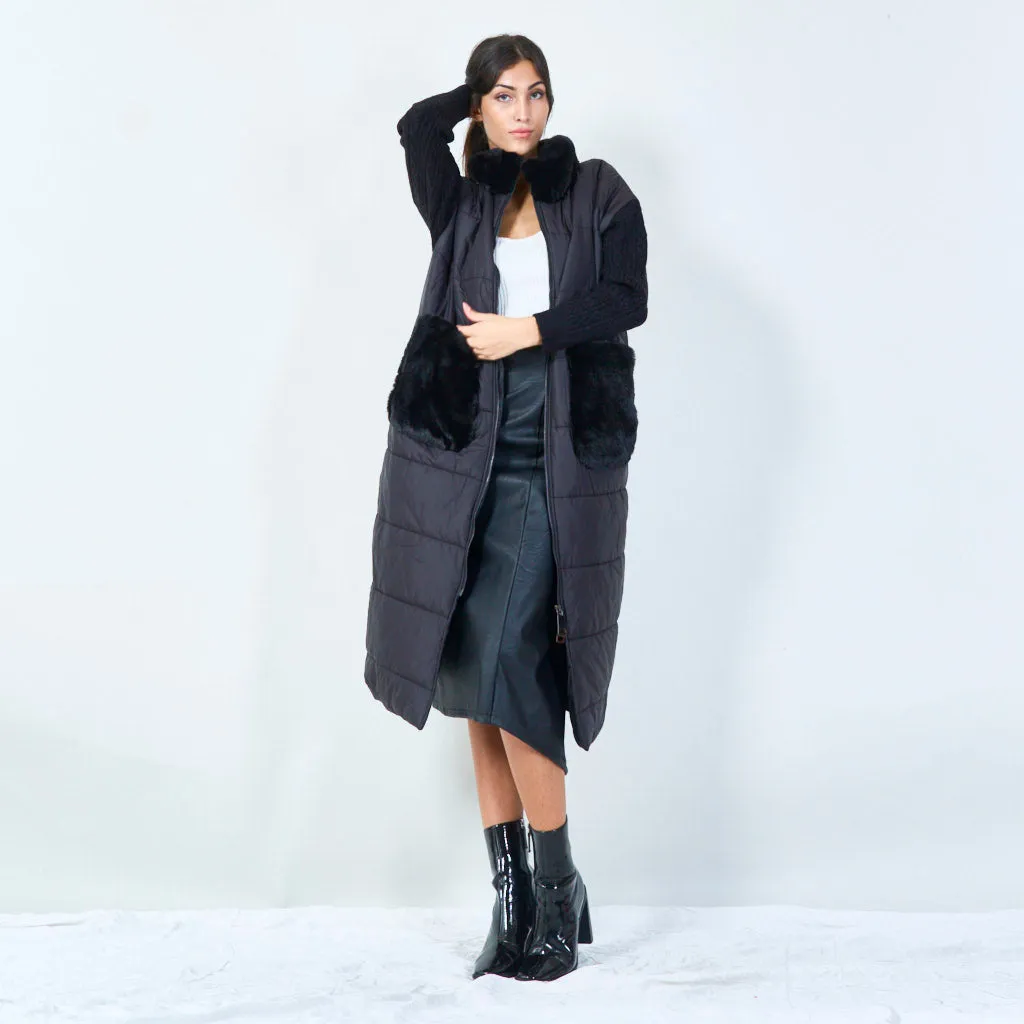 Long padded coat with fur trim wholesale
