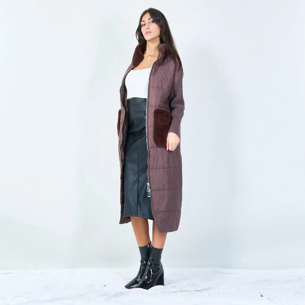 Long padded coat with fur trim wholesale