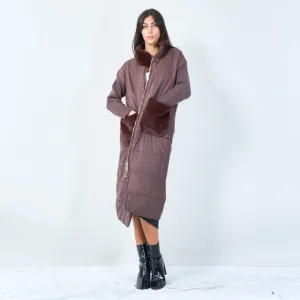 Long padded coat with fur trim wholesale