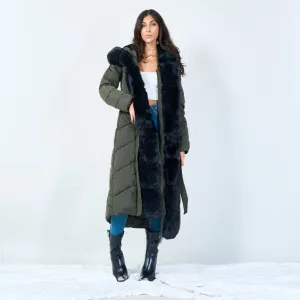 Long puffer coat with faux fur trim wholesale