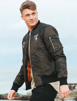 Lydiate Camo Bomber Jacket With Patches In Khaki - Tokyo Laundry