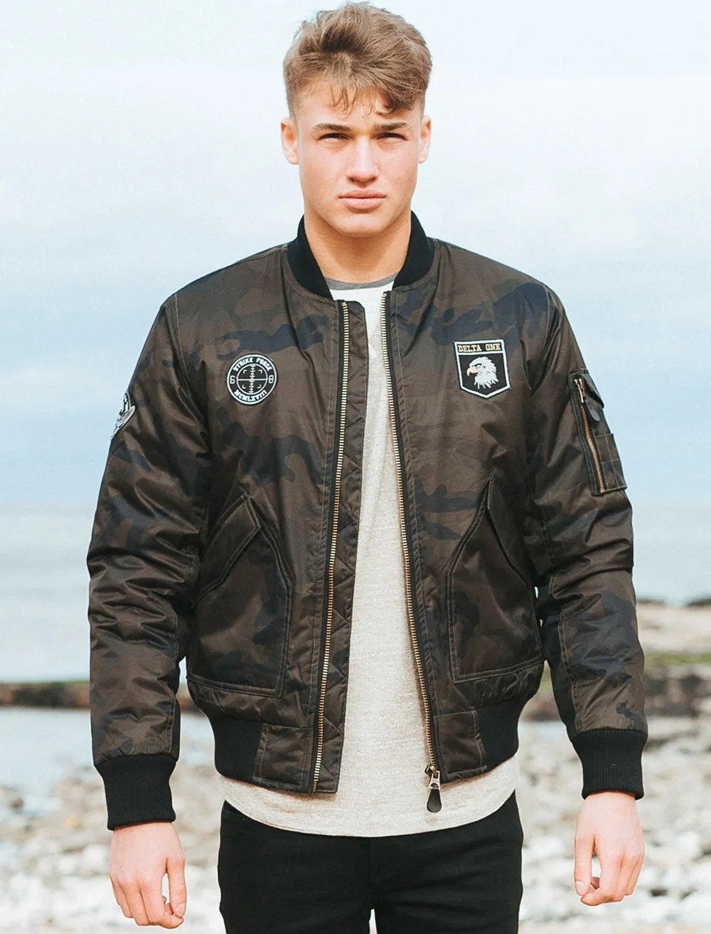Lydiate Camo Bomber Jacket With Patches In Khaki - Tokyo Laundry