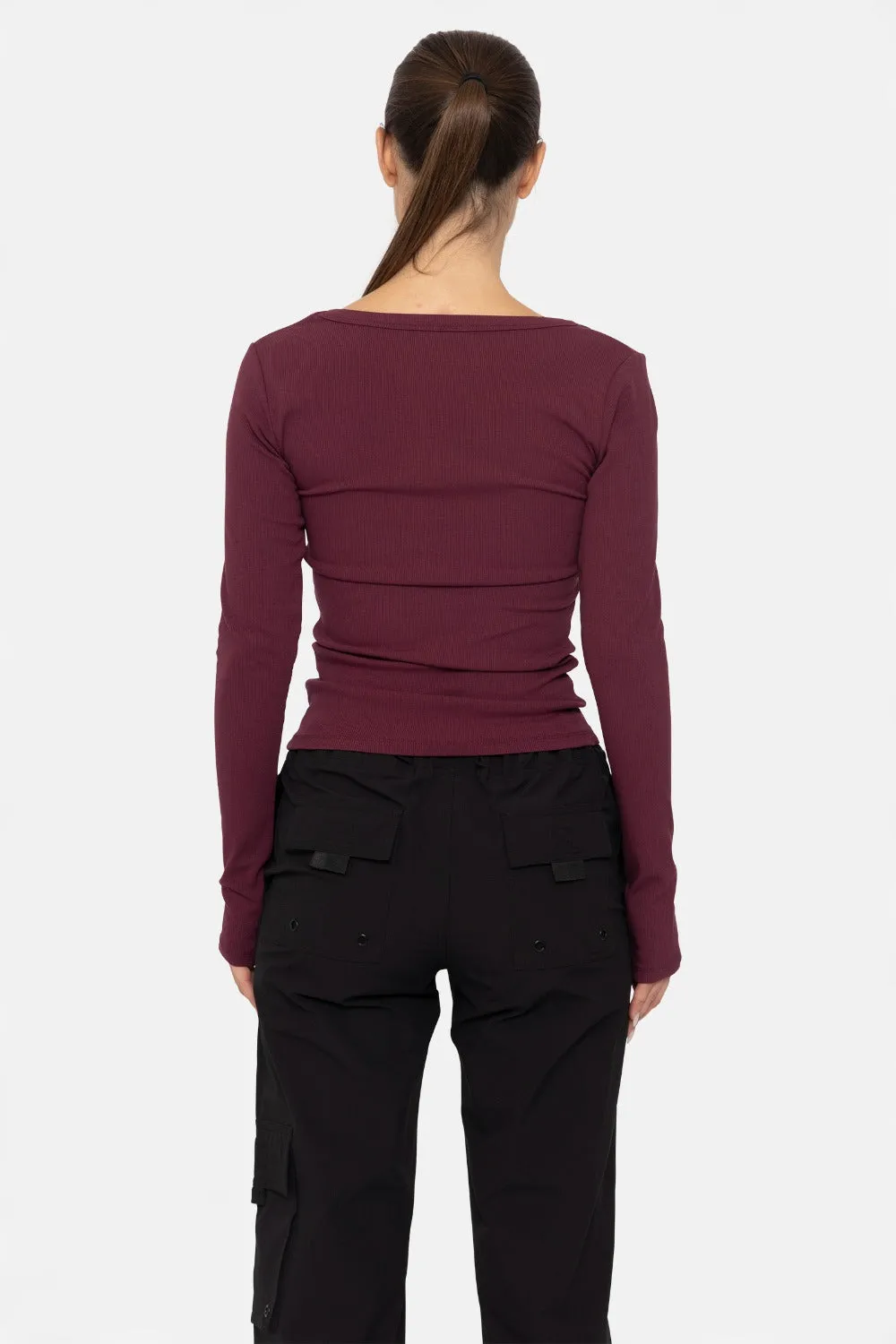 Mono B Ribbed Knit Scoop Neck Long Sleeve Top