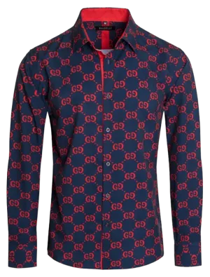 Navy Blue and Red GG Men's Fashion Design Long Sleeve Shirt