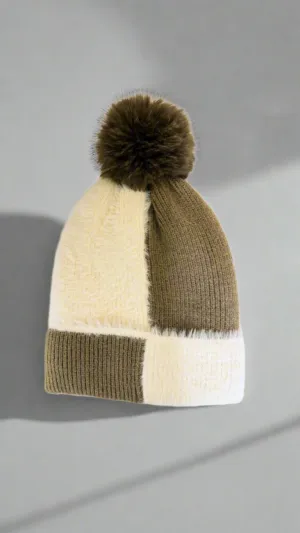 Neutral Two Tone Soft Beanie with Pom