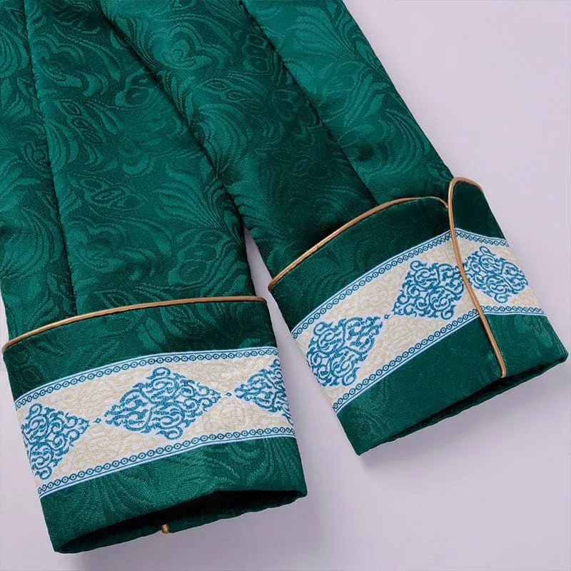 Ornate Emerald Green Collared Jacquard Steampunk Tail-coat