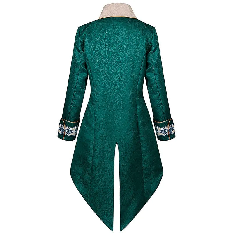 Ornate Emerald Green Collared Jacquard Steampunk Tail-coat