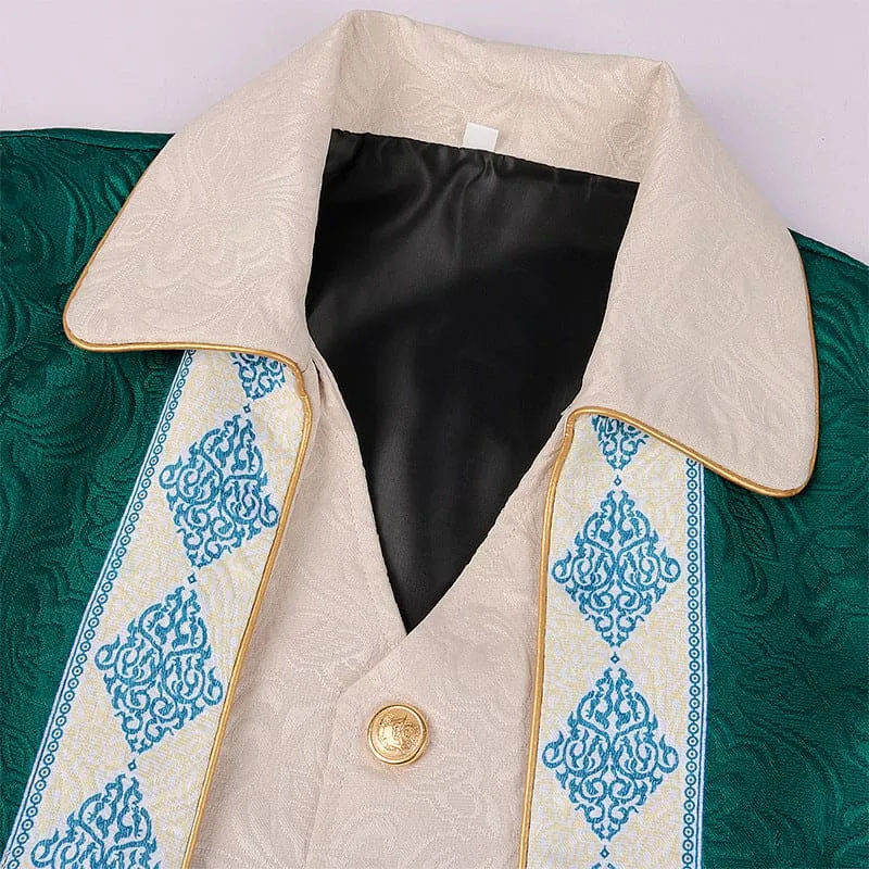Ornate Emerald Green Collared Jacquard Steampunk Tail-coat