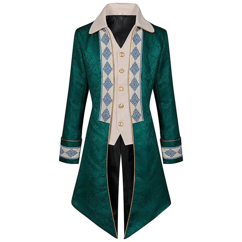Ornate Emerald Green Collared Jacquard Steampunk Tail-coat
