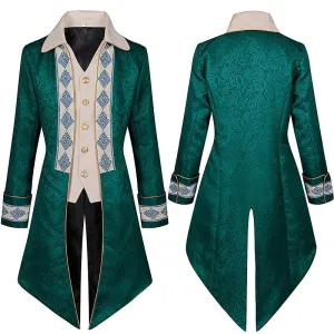 Ornate Emerald Green Collared Jacquard Steampunk Tail-coat