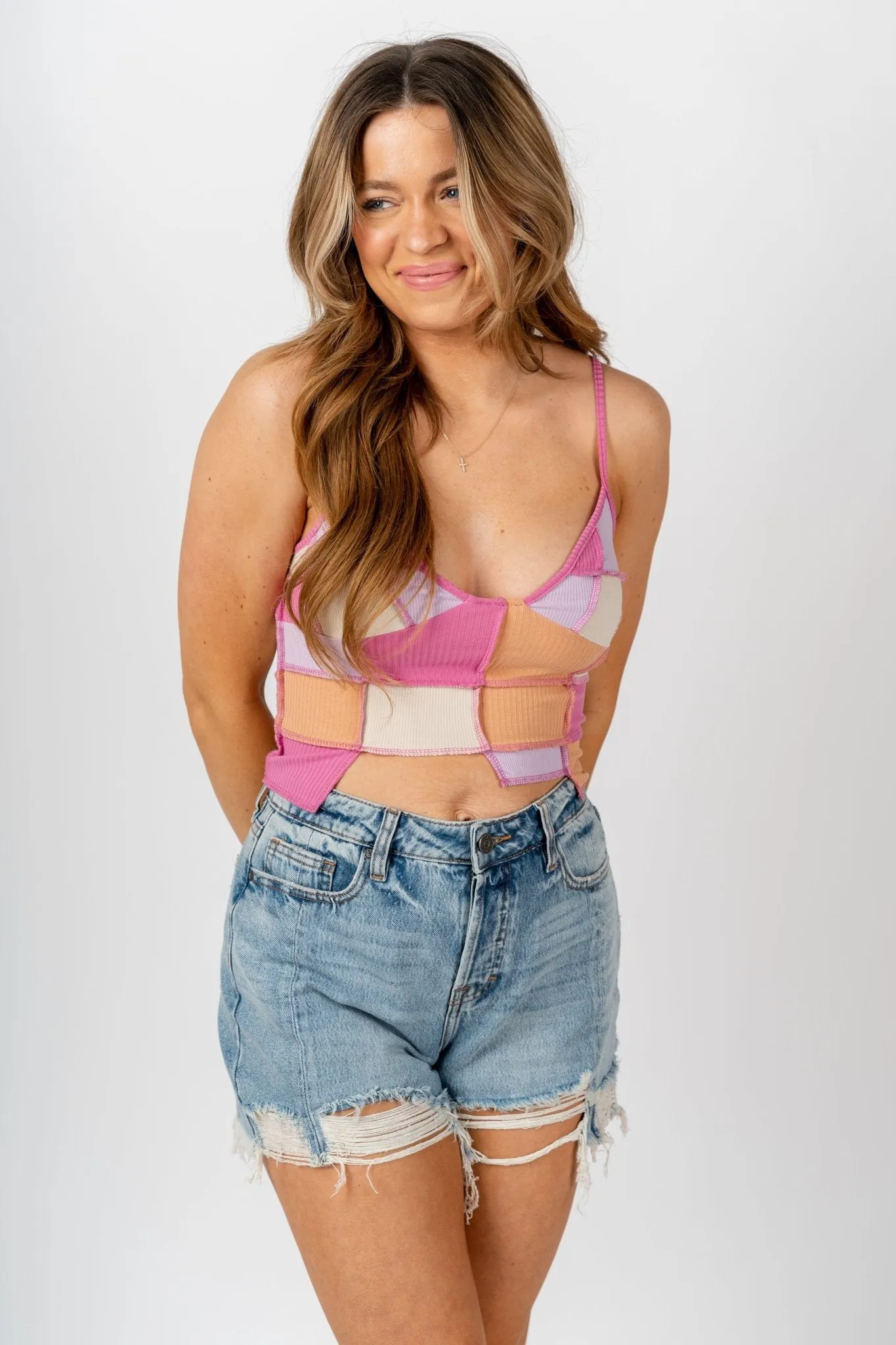 Patchwork knit tank top pink multi