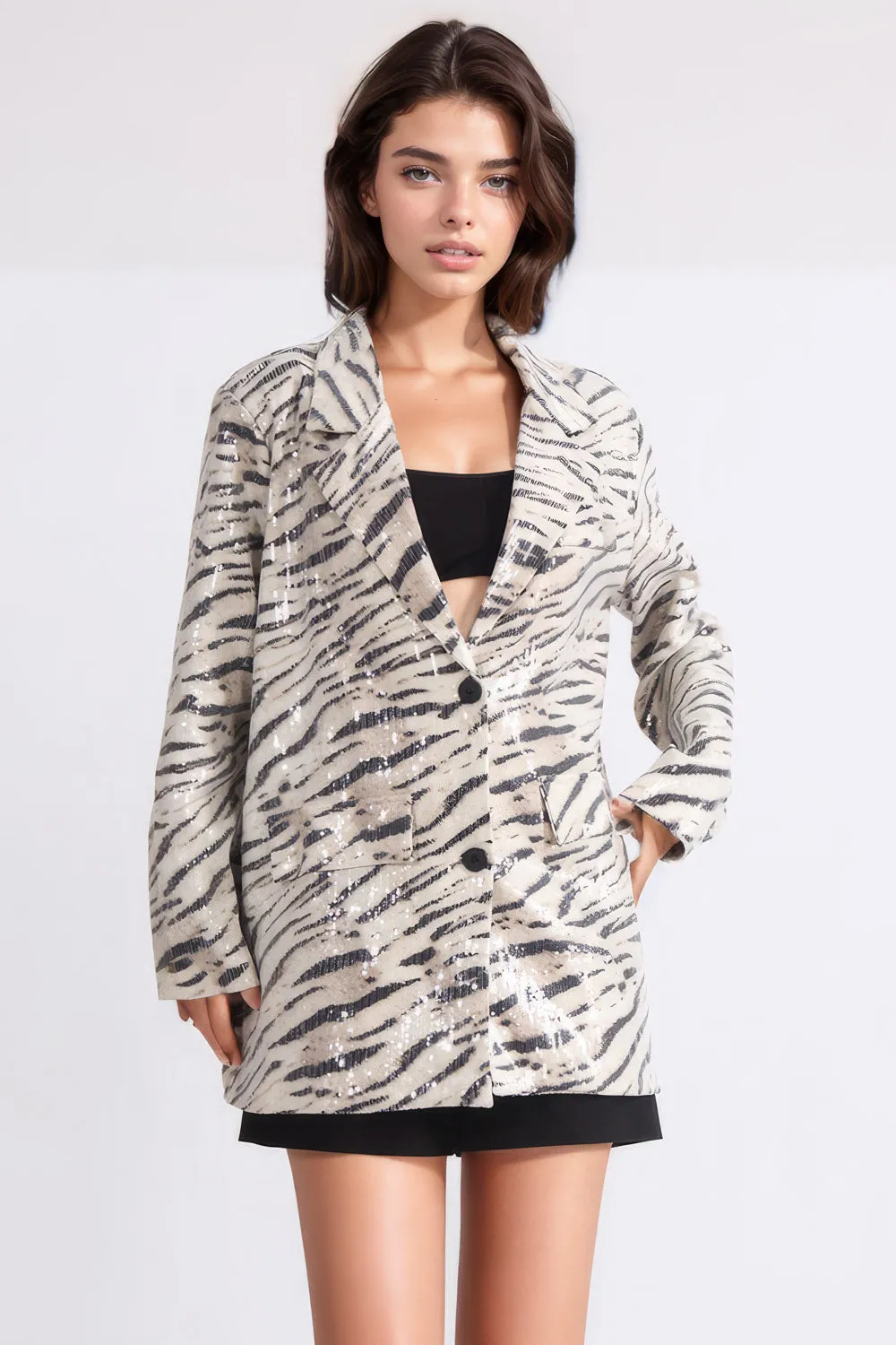 Patterned Blazer with Sequins - White