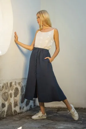 Provance Pleated Linen Midi Skirt with Front Split