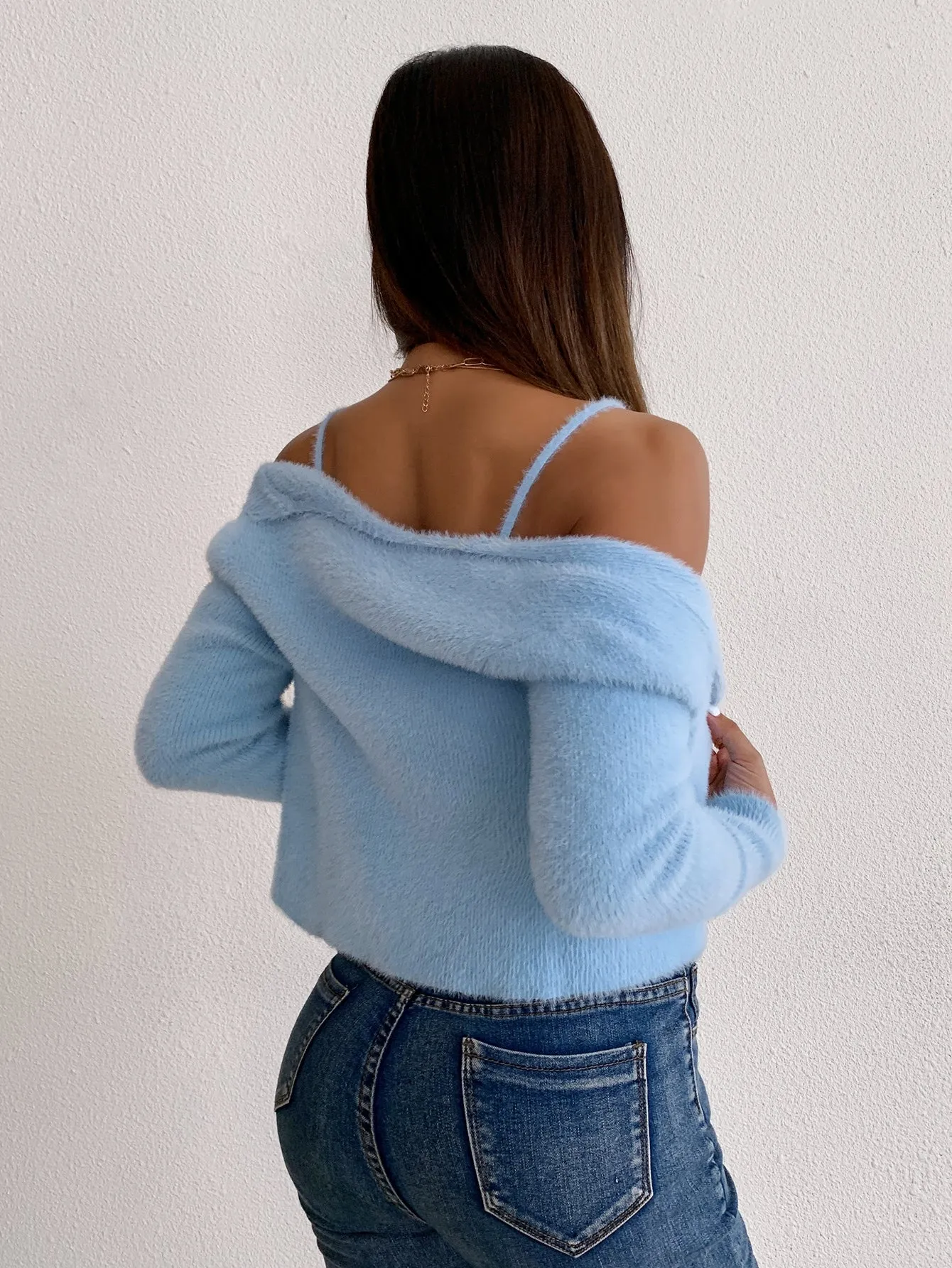 SHEIN Qutie Fluffy Knit Cami Top & Open Front Cardigan