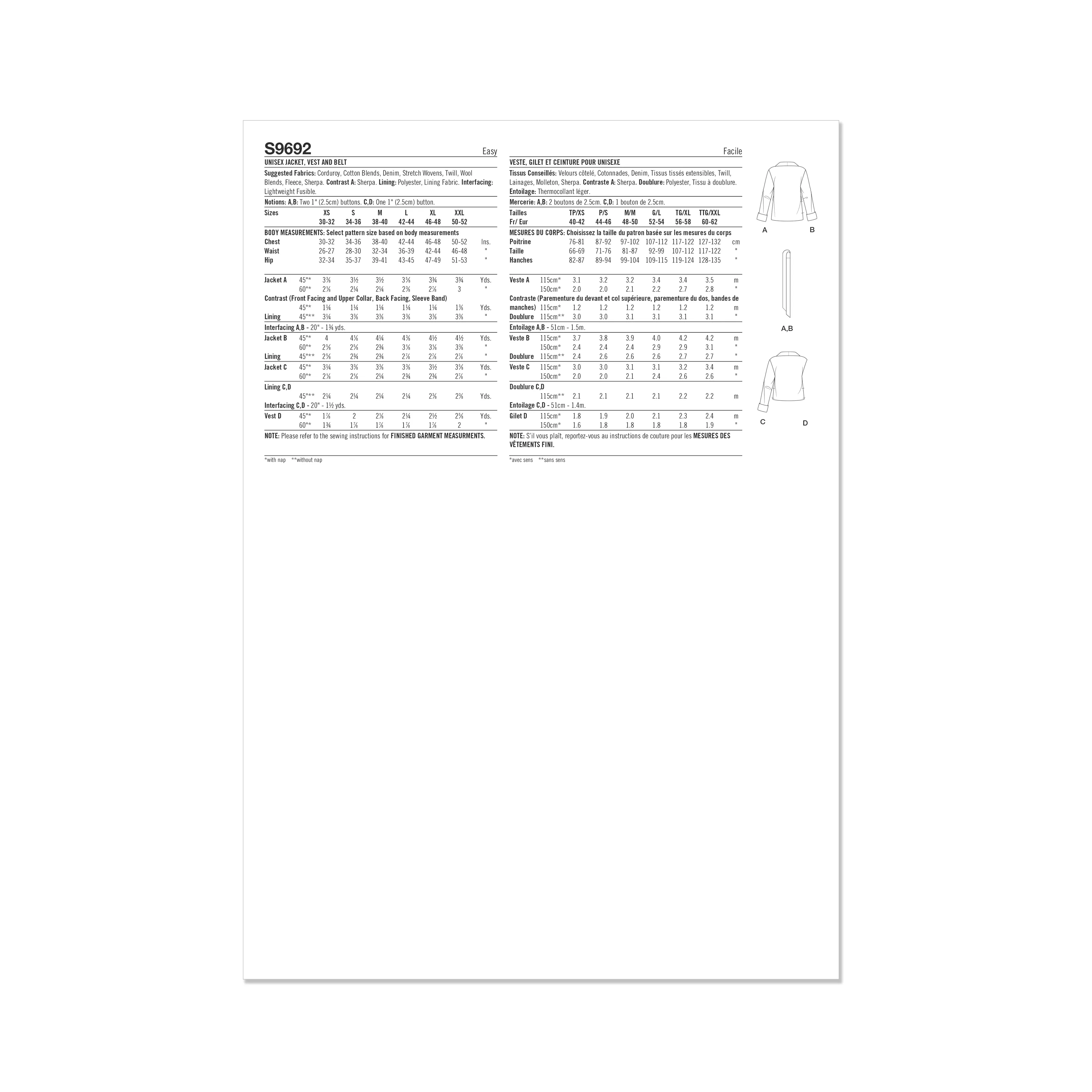 Simplicity Pattern S9692 Unisex Jacket/Coat
