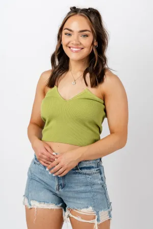 V-neck knit strapless top avocado
