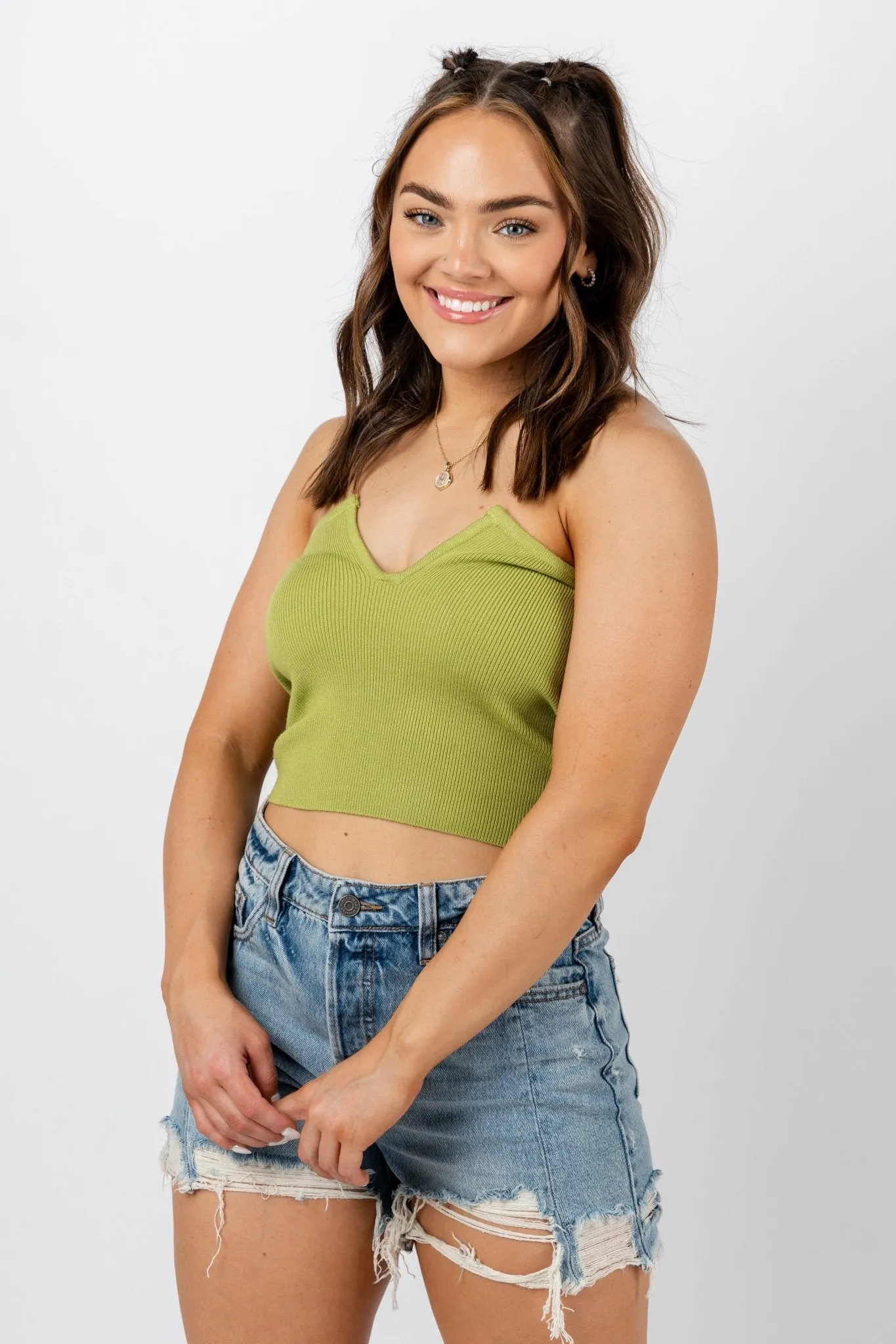 V-neck knit strapless top avocado