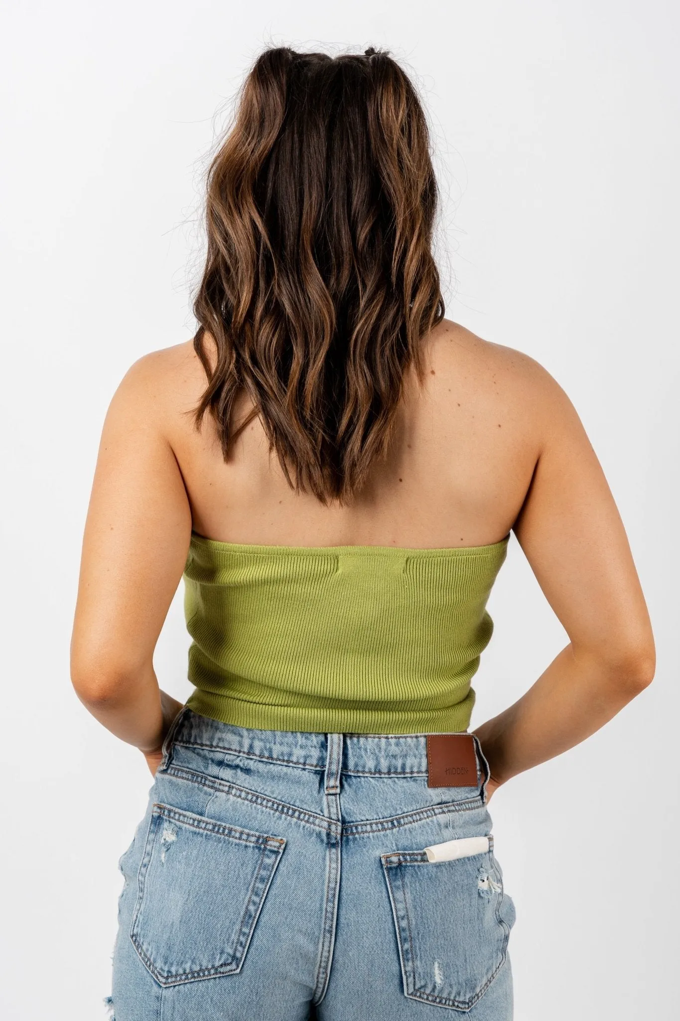 V-neck knit strapless top avocado