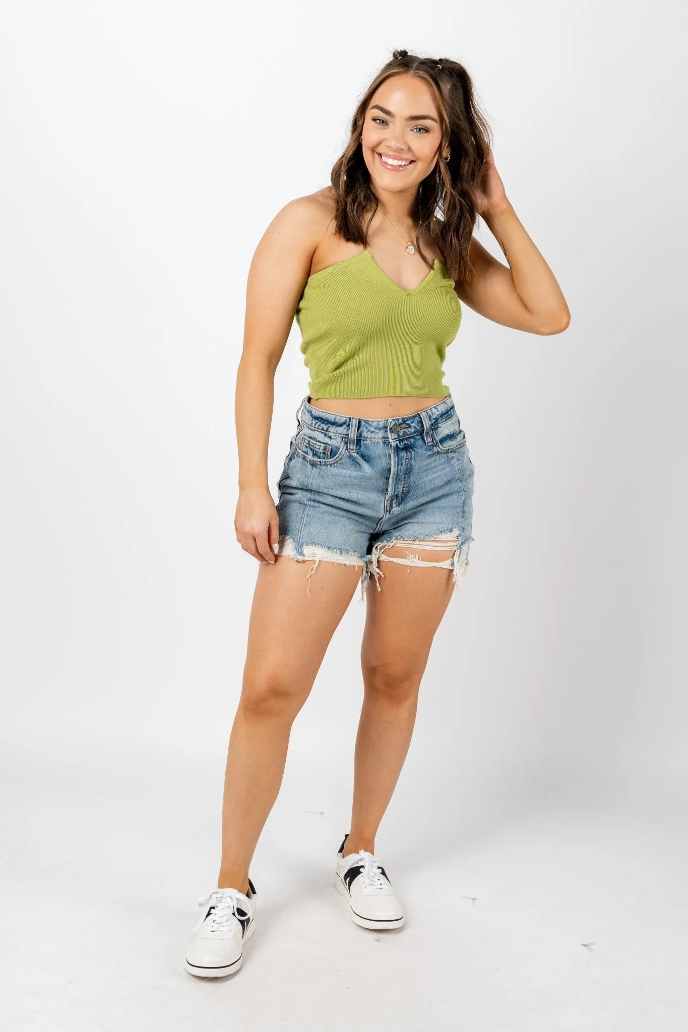V-neck knit strapless top avocado