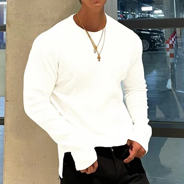 Wiaofellas Male Autumn Solid Color Shirts Clothing Men Casual O-neck Basic Tops t Shirts Streetwear Stylish Texture Long Sleeve Tees