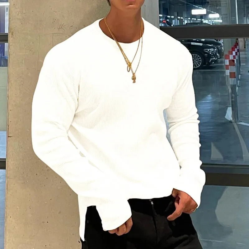 Wiaofellas Male Autumn Solid Color Shirts Clothing Men Casual O-neck Basic Tops t Shirts Streetwear Stylish Texture Long Sleeve Tees