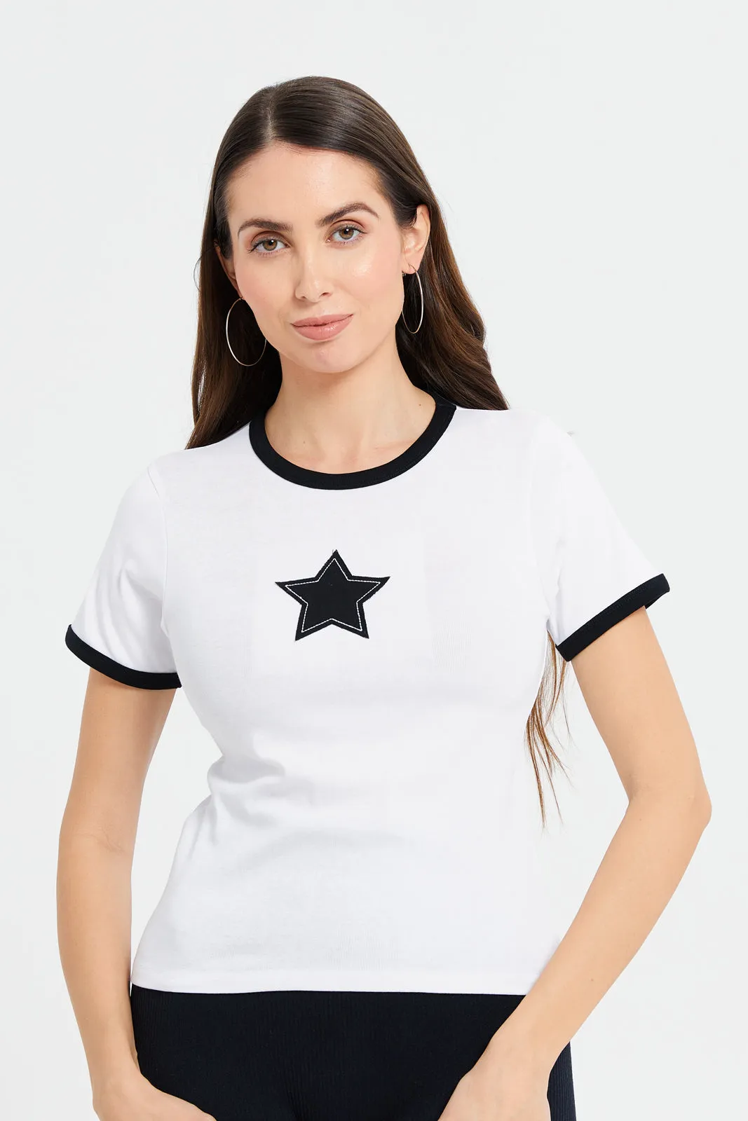Women White Embellished Contrast T-Shirt