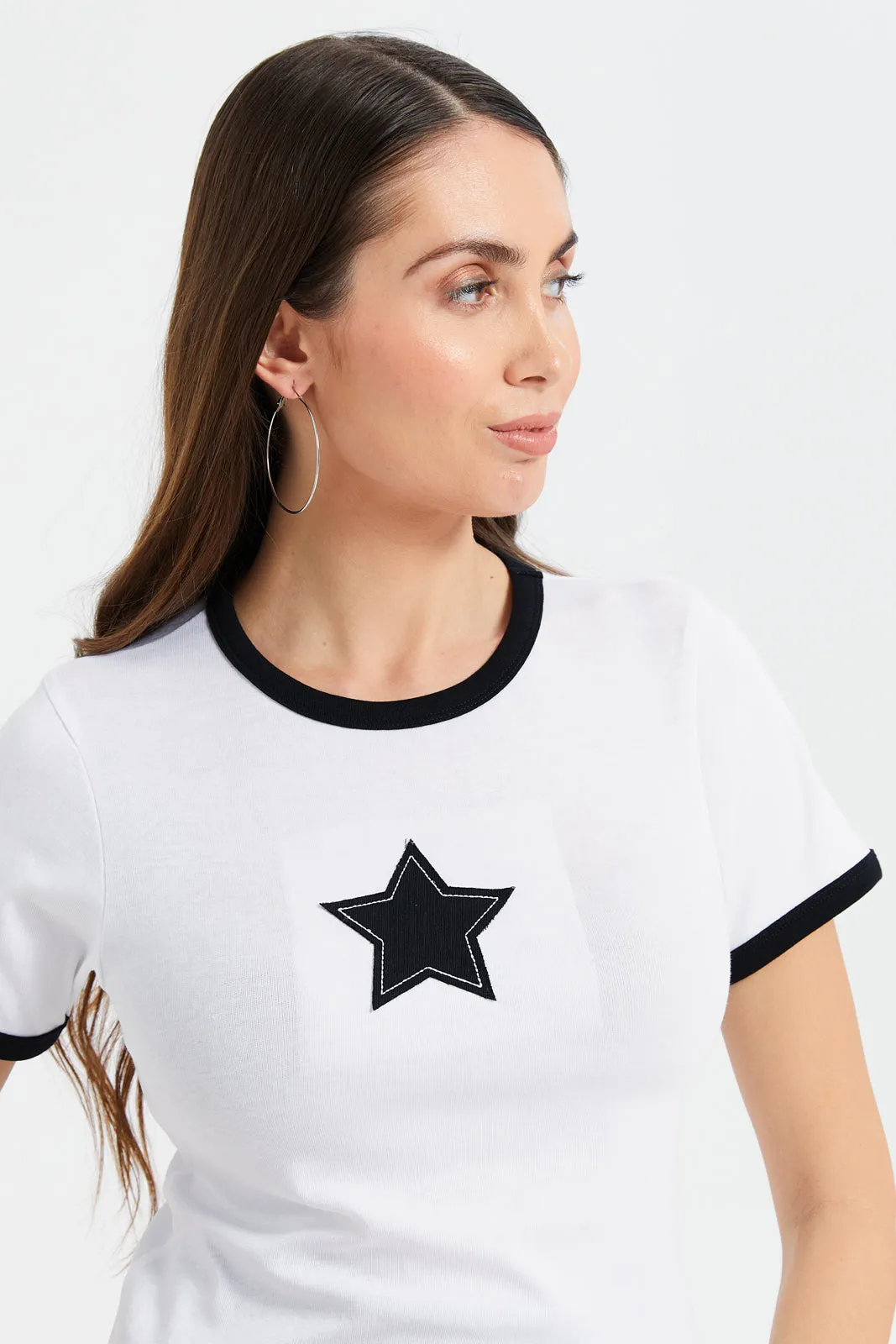 Women White Embellished Contrast T-Shirt