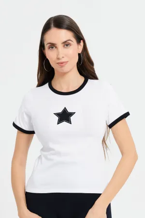 Women White Embellished Contrast T-Shirt