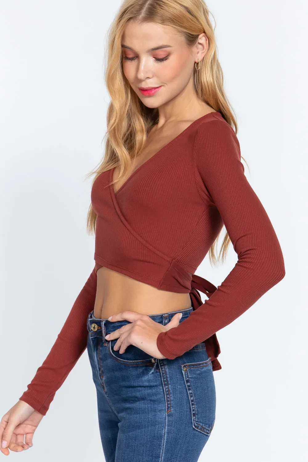Women's Surplice W/tie Rib Knit Top