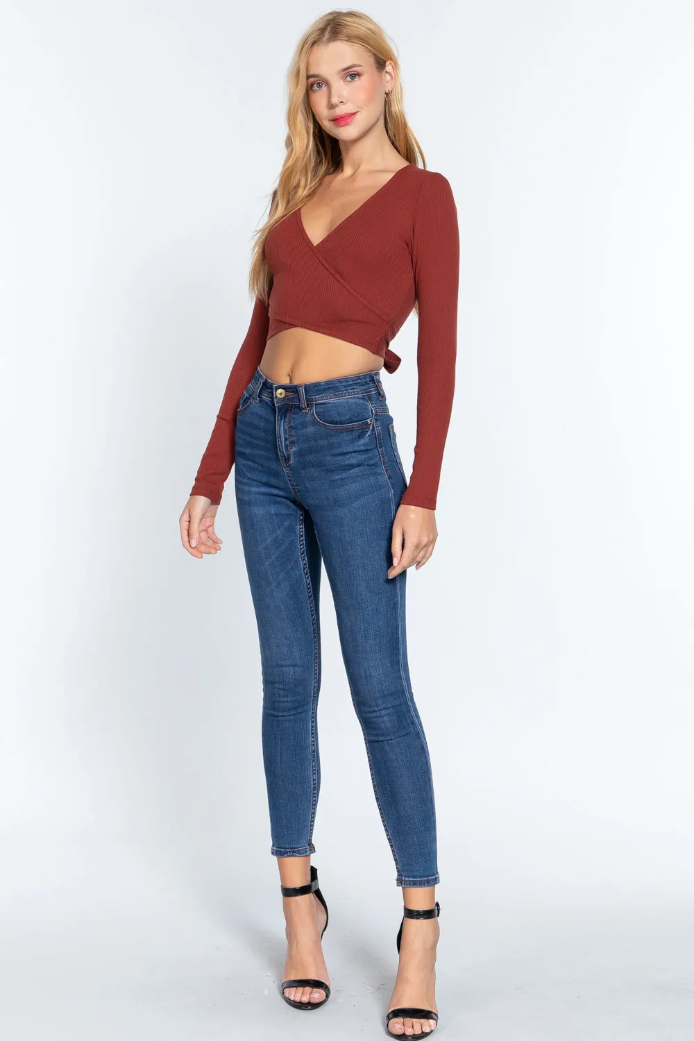 Women's Surplice W/tie Rib Knit Top